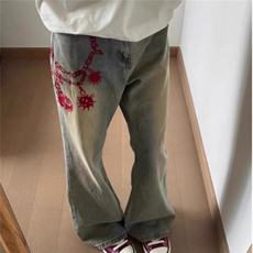 刺绣设计感水洗做旧牛仔裤男潮牌痞帅高街vibe直筒裤A2677-p45，男装牛仔裤，星座1008