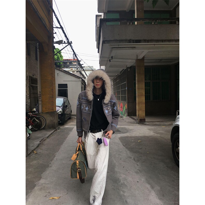 重磅北极绒座山雕毛衣外套冬美式复古休闲慵懒风大毛毛领针织开衫图片