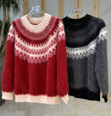 2025年秋季时尚百搭通勤简约休闲新年红费尔岛提花，女装羊毛衫，美轩羊绒