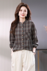 LuhuaMao复古橘色格纹衬衫2024夏季韩版翻领单排扣短袖上衣女，女装衬衫，小林双子
