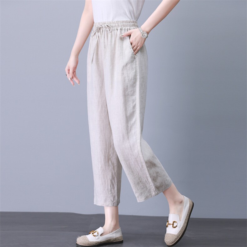 高端亚麻九分裤女夏季薄款裤子2025新款小个子妈妈直筒显瘦休闲裤,女装休闲裤,独衣靓