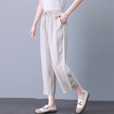 高端亚麻九分裤女夏季薄款裤子2025新款小个子妈妈直筒显瘦休闲裤，女装休闲裤，独衣靓