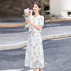 气质复古印花两件套连衣裙女2024夏季新款圆领盘扣上衣半身裙套装，女装套装/套裙，罗腾