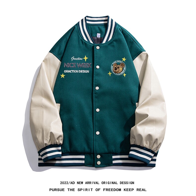 白底23春季潮流时尚小熊印花PU皮拼接棒球服夹克外套G643P85控108图片