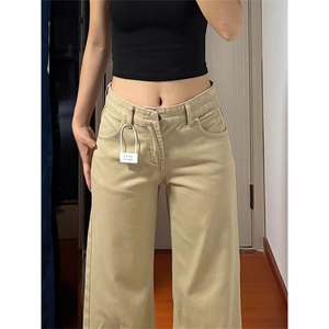 加绒加厚美式复古卡其色牛仔裤女秋季宽松拖地不贴腿微喇裤子图片