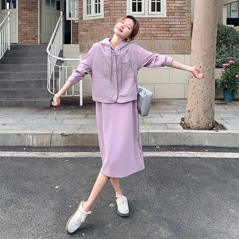 温柔系穿搭紫色休闲连衣裙女春新款工装马甲宽松减龄卫衣裙,女装连衣裙,2C029