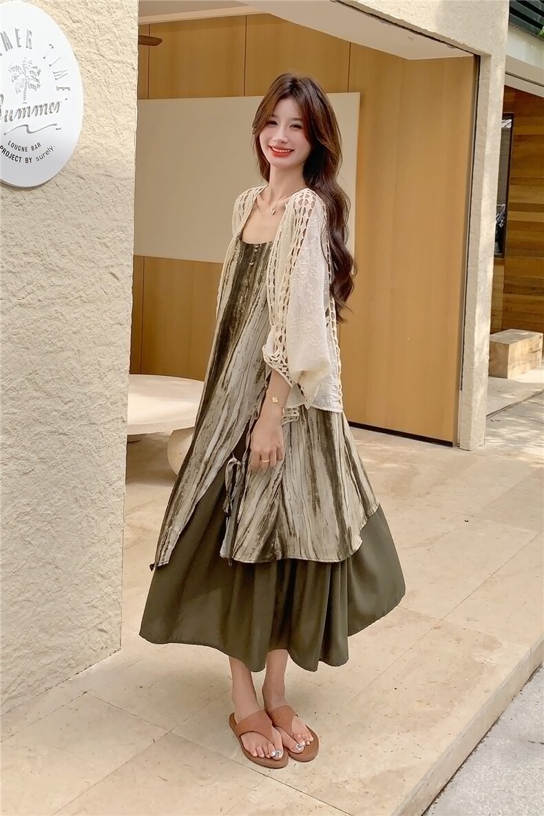 复古扎染吊带连衣裙套装女2025夏季新款慵懒度假风开衫长裙两件套,女装连衣裙,2C258