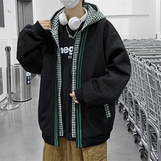 假两件外套男秋冬季潮流格子拼接夹克华夫格休闲衣服JK07356-P58，男装夹克，星座308B-1