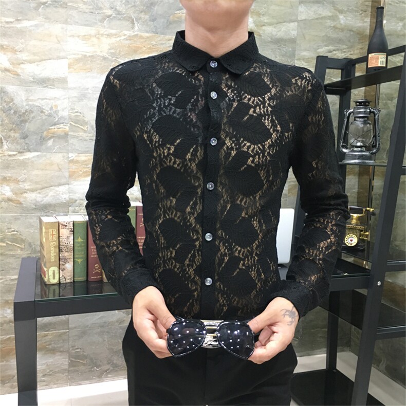 2021春秋新款男潮流修身蕾丝长袖衬衫个性夜店男长衬衣,男装衬衫,星座419（原A233）