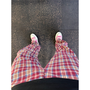 cleanfit蓝绿色格子裤男夏季慵懒透气薄款裤子美式复古微喇直筒裤,女gucci皮带搭配图片