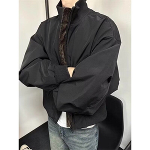 春秋休闲垫肩开衫灰色夹克男宽松廓形网红高级感短款立领卫衣外套