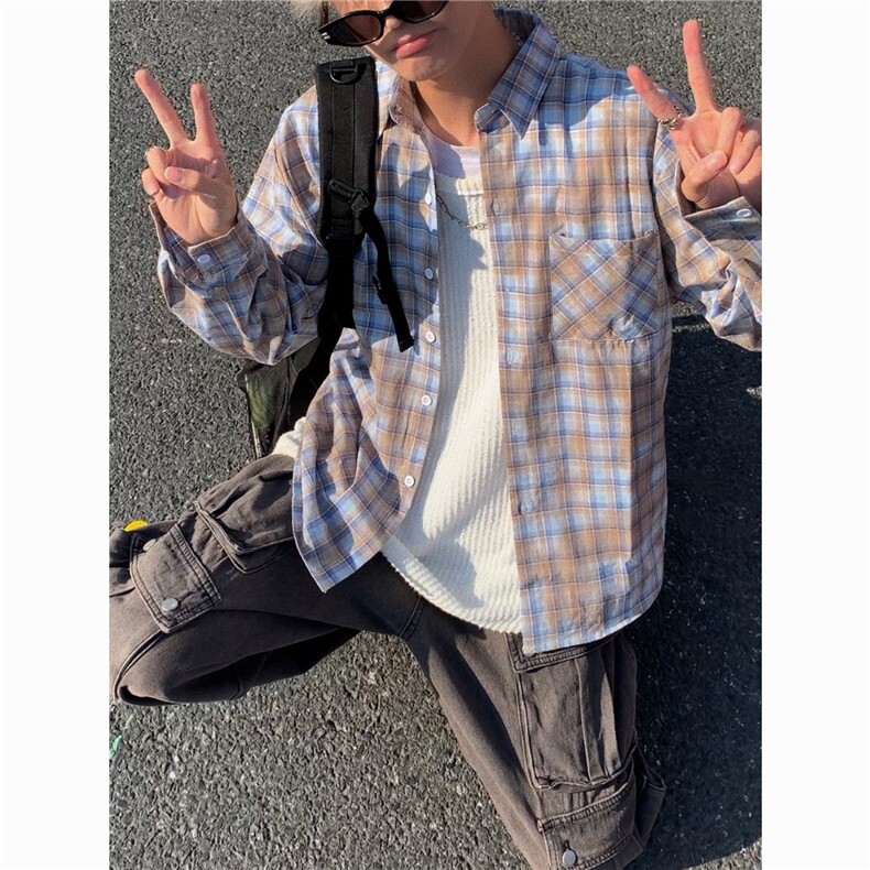 美式复古格子衬衫男长袖百搭春季字母刺绣潮牌情侣休闲外套,男装衬衫,星座716-2