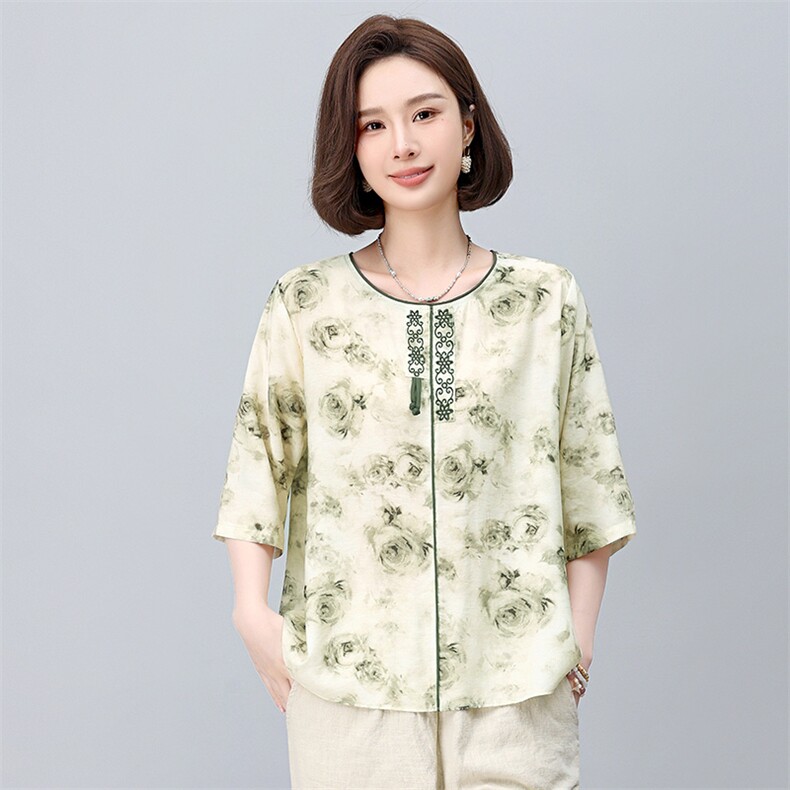 新中式国风印花女2025夏季新款妈妈宽松遮肚子减龄亚麻,女装大码女装,依恋蒂丝