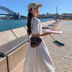 韩版简约气质长裙女夏季新款法式温柔风系带收腰连衣裙，女装连衣裙，辉之琳