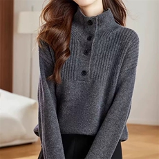 秋季新款纯色针织高领带扣套头上衣时尚百搭，女装针织衫/毛衣，泰沅羊绒