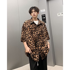 豹纹冰丝短袖衬衫男士薄款痞帅衬衣潮牌高街夏装七分衣服CT67，男装衬衫，星座1116A-1（原606A）