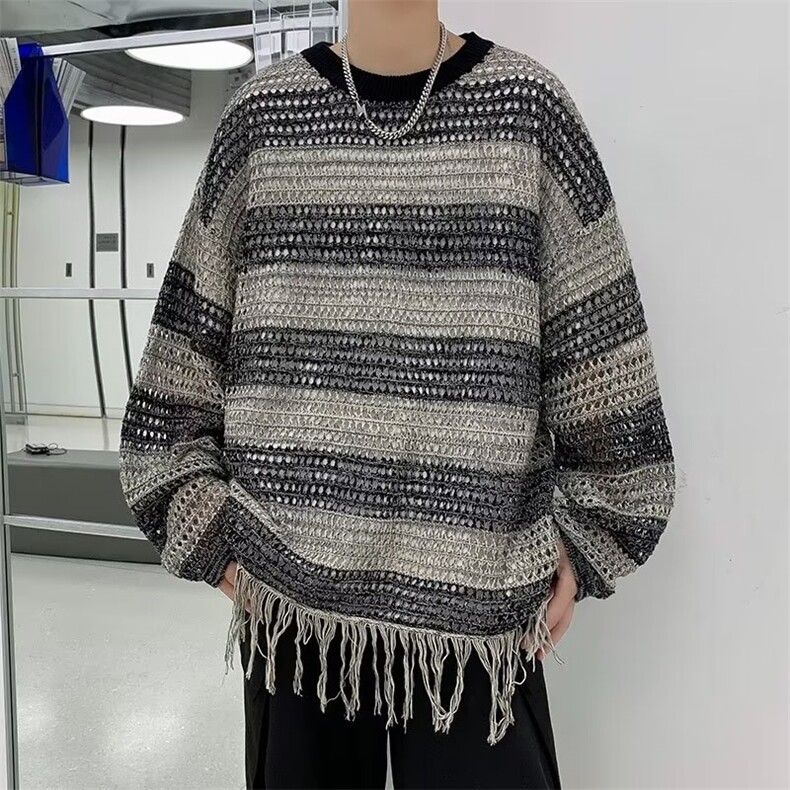 男拼色镂空薄款条纹圆领长袖针织衫春秋款宽松百搭毛衣1313-P38,男装针织衫/毛衣,星座910-5