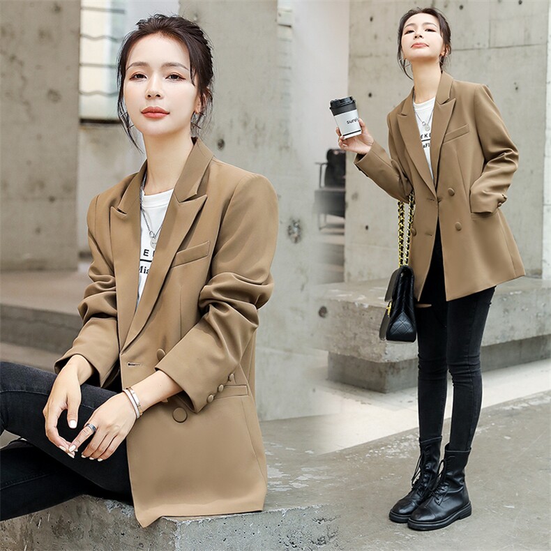 版型好百搭秋季中长款外套原创设计通勤显瘦双排扣小西装外套女，女装西装，韩蔻秀