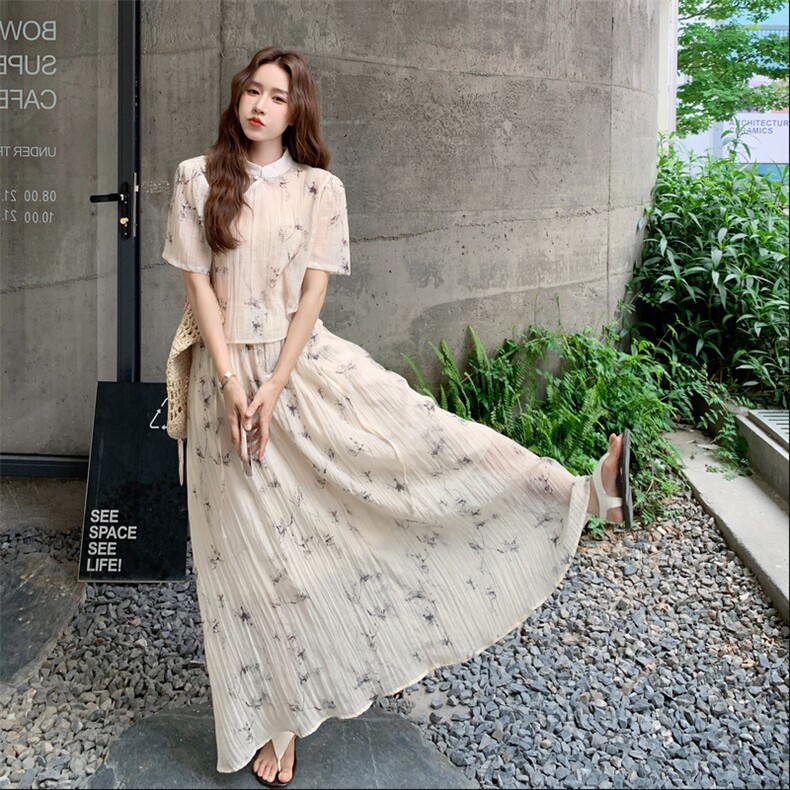 新中式水墨印花衬衫套装裙女2025夏季新款气质高级感半身裙两件套,女装套装/套裙,2C159