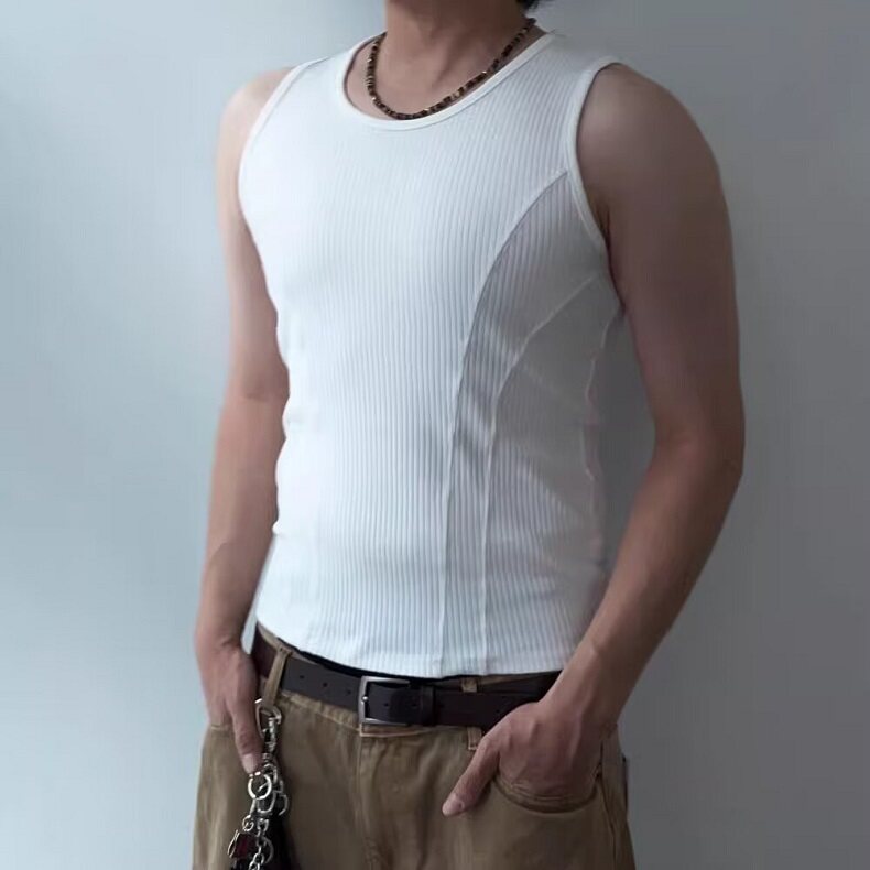 竖条纹拼接无袖汗背心男士夏季休闲个性修身坎肩T恤T186,男装背心/马甲,星座1116A-2（原606A-1）