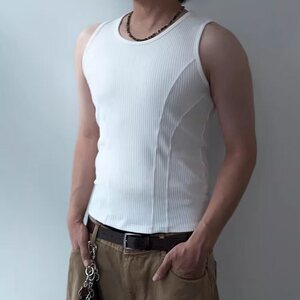 竖条纹拼接无袖汗背心男士夏季休闲个性修身坎肩T恤 T186图片