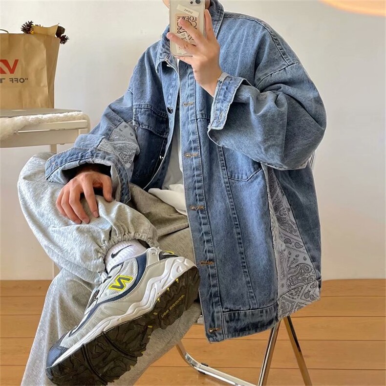 拼接腰果花夹克女春秋新款少年情侣水洗复古牛仔外套韩版潮流衣服图片