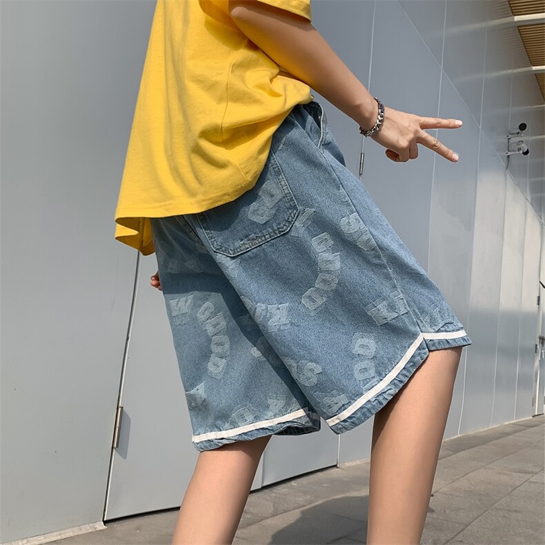 满印刺绣字母提花牛仔短裤情侣宽松抽绳五分裤男N0110-P40,男装牛仔裤,星座308B-1