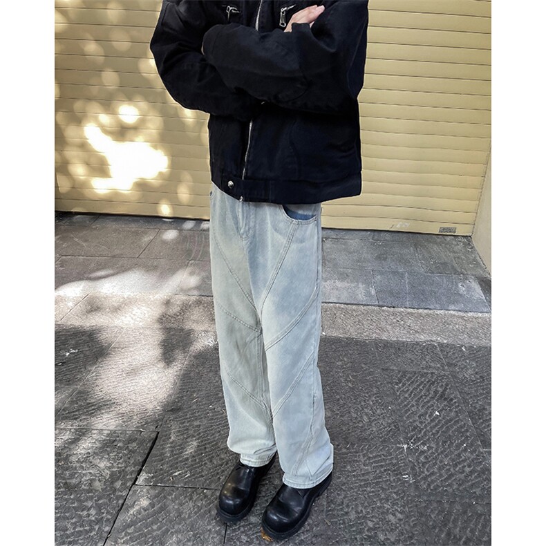 不规则设计感直筒牛仔裤男士痞帅炸街时尚阔腿水洗老爹裤子,男装牛仔裤,星座410-7