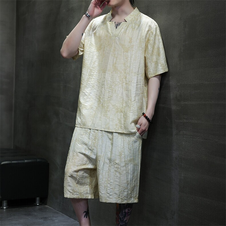2026夏季风男装新中式盘扣天丝提花套装短裤+短袖A99-P115，男装牛仔裤，电商B277(原6028)