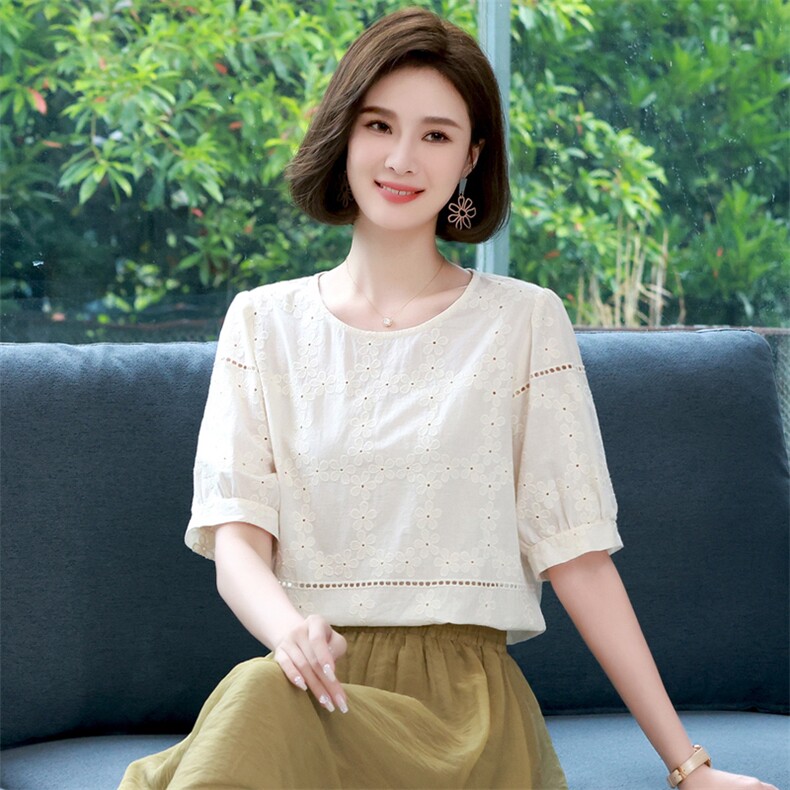 2022夏装新款舒适提花短袖上衣百搭女士套头上衣,女装衬衫,木子恋