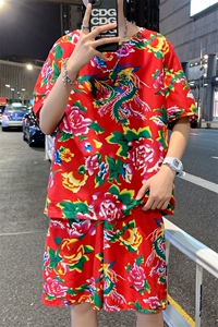 TZ203夏季新款男士T恤短裤套装东北大花大码红色蓝色青年运动套装图片