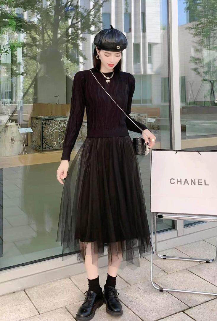 毛衣拼接连衣裙，两色，四个尺码，，女装针织衫/毛衣，依柏璐