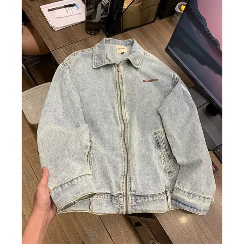J3360-P128 美式复古做旧水洗刺绣牛仔外套男女秋季古着休闲图片