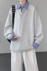 M-8XL美式假两件格子拼接翻领卫衣大码polo领长袖T恤衫WY5110/P58，男装T恤，电商B238