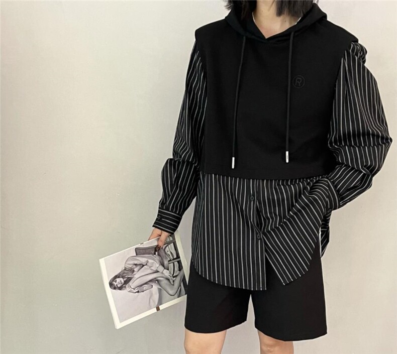 雷洛奇丽—秋装带帽拼接衬衫，女装衬衫，雷洛奇丽