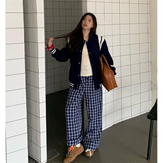 美式高街潮牌男女泡泡格子休闲裤直筒宽松慵懒显瘦阔腿休闲长裤子，男装休闲裤，电商A486