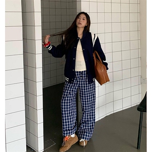 美式高街潮牌男女泡泡格子休闲裤直筒宽松慵懒显瘦阔腿休闲长裤子图片