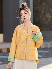 新中式宋锦圆领盘扣外套女原创设计黄色复古洋气休闲宽松上衣，女装短外套，艾仟回(原伊仟回)