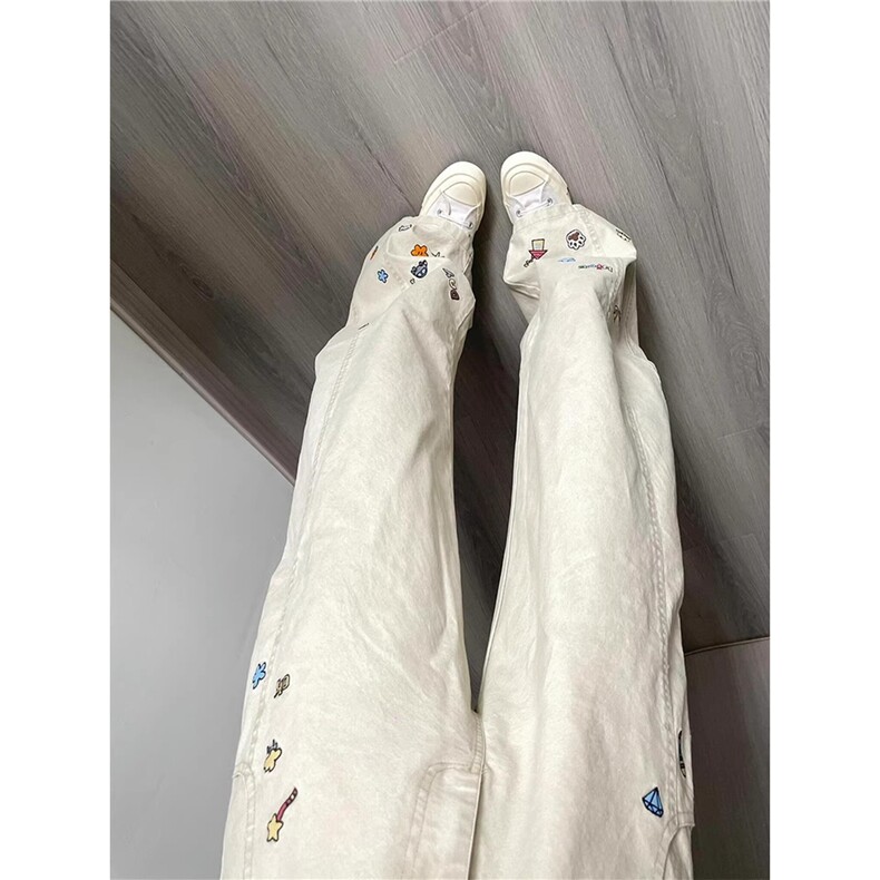 春季美式设计感卡通绣花休闲裤男女宽松阔腿弯刀裤LA7933-P50,男装休闲裤,星座1008