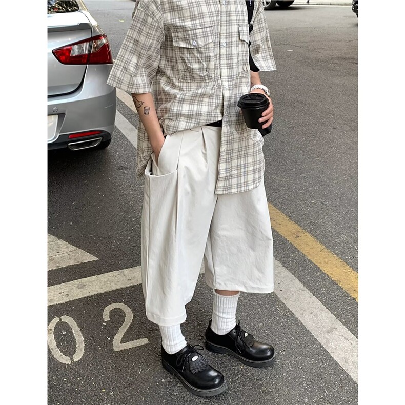 日系复古白色七分裤潮牌街头夏季宽松马裤男女休闲设计感工装短裤,男装牛仔裤,星座506A