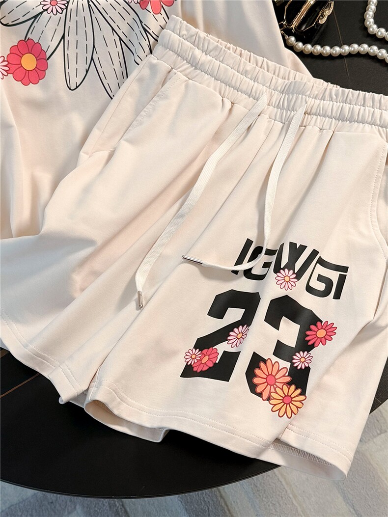 时尚休闲运动套装女夏季新款韩版宽松显瘦印花短袖阔腿短裤两件套,女装套装/套裙,江南
