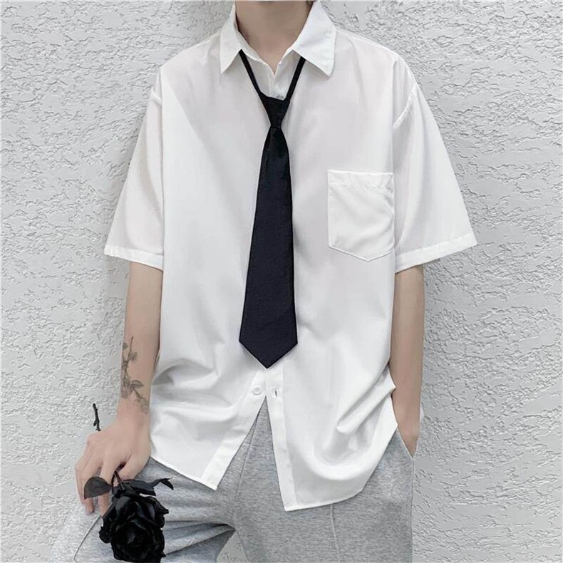 配领带夏季薄款短袖衬衫男港风宽松班服DK学院风衬衣C318-P30,男装T恤,电商D202-1