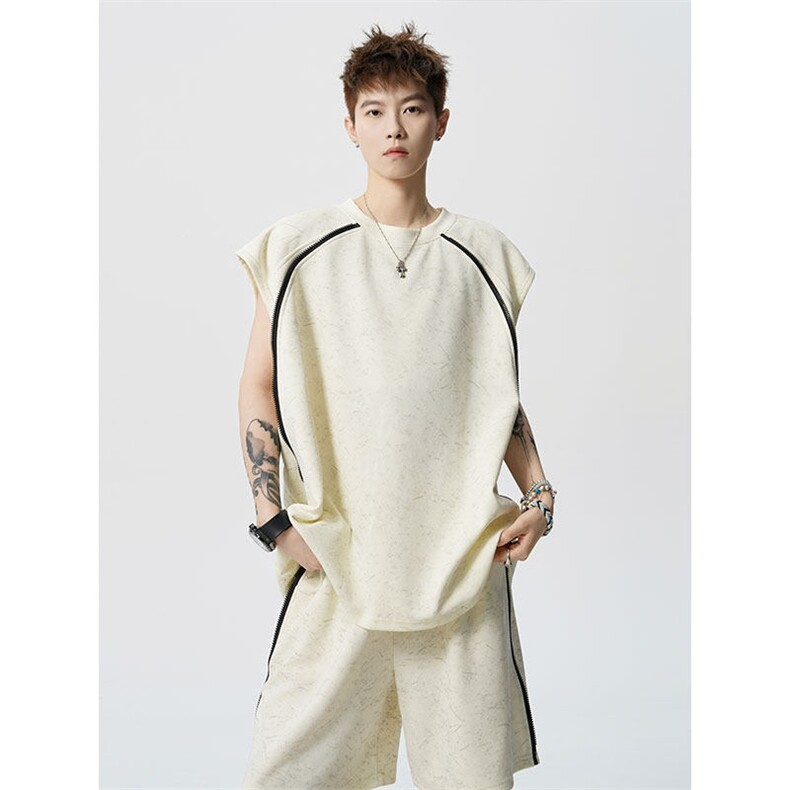 TZ783-特P50控88夏季T恤半拉链扎染冰感冰丝大码无袖短裤套装，男装休闲套装，电商A059