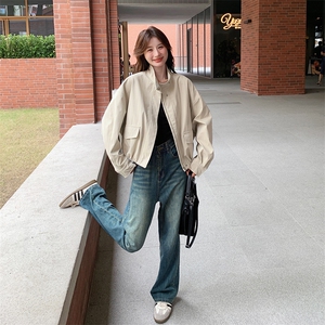 米白色立领洋气女chic韩系宽松短款夹克流行炸街外套图片