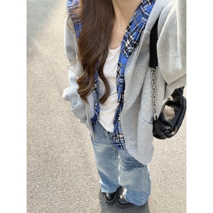 蓝色格子双层连帽卫衣男春秋季潮牌美式小众设计感假两件开衫外套图片