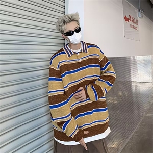 秋冬撞色条纹polo领毛衣男日系宽松慵懒风休闲毛线衣MZ481-P55图片