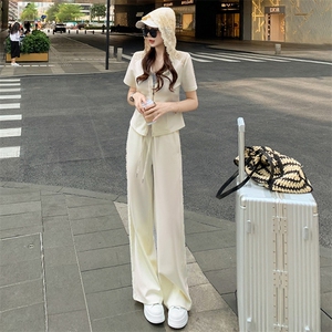 少女感休闲时尚运动套装女夏季洋气显瘦修身卫衣高腰阔腿裤两件套