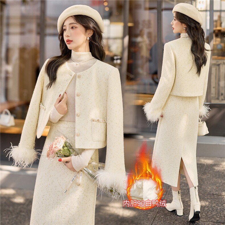法式小香风90羽绒套装女2025年冬季新款轻奢高级感半身裙两件套，女装套装/套裙，众宇琦