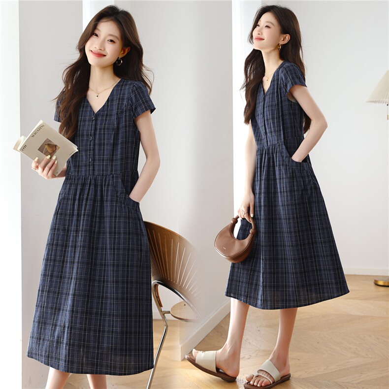 纯棉格子连衣裙女夏季2025新款大码宽松胖MM遮肚显瘦气质减龄裙子，女装连衣裙，依恋蒂丝