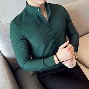 新增藏青色~商务休闲衬衣男新中式立领衬衫弹力柔顺亲肤C6622-P58图片